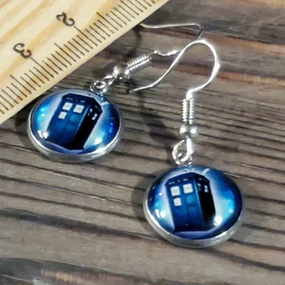 Handcrafted Police Box TARDIS in Space Blue Silver Glass Earrings - Picture 5 of 6